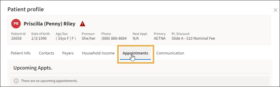 Patient Profile with a yellow highlight box around the Appointments tab.